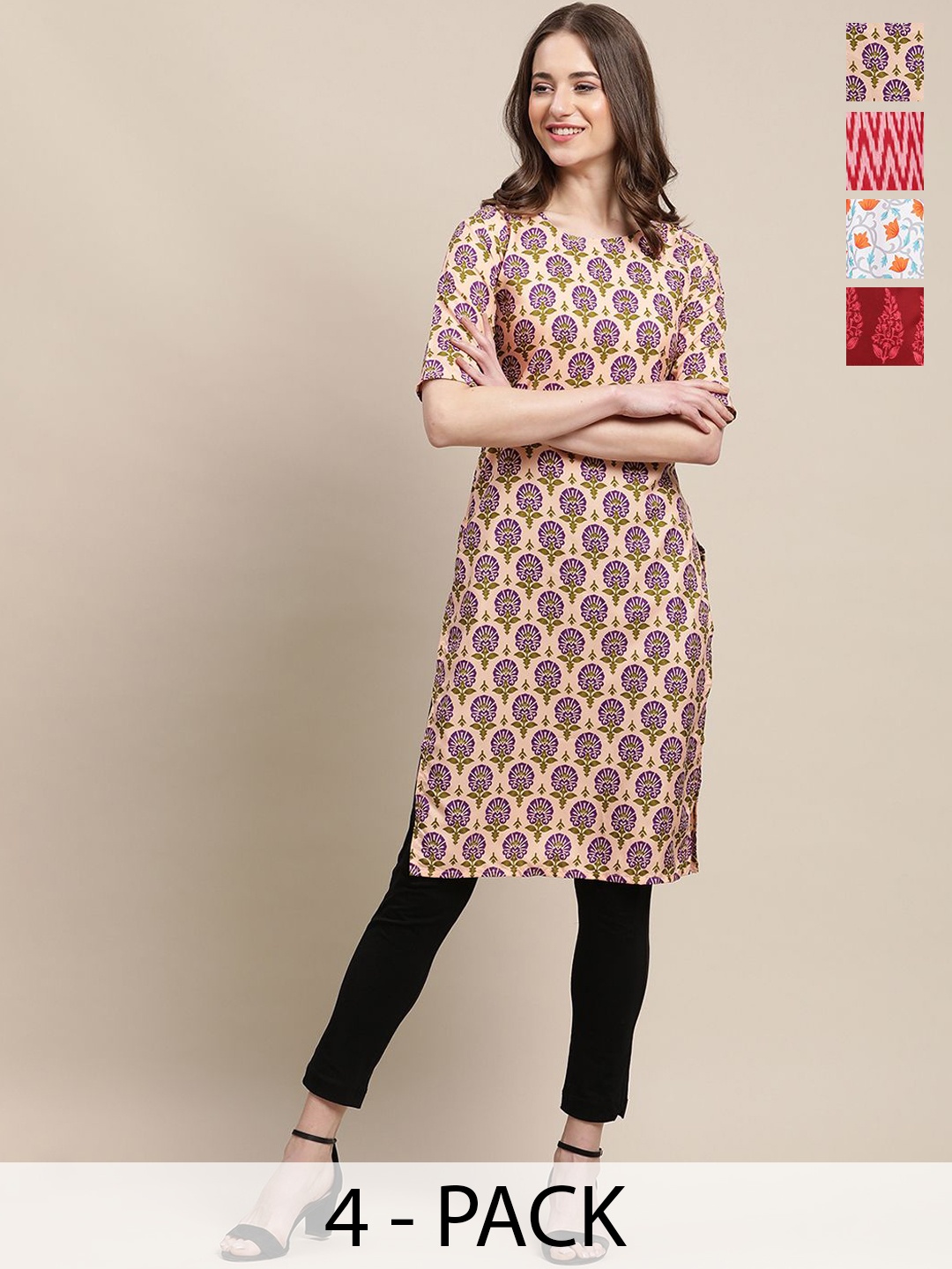 

7Threads Selection Of 4 Ethnic Motifs & Floral Printed Crepe Straight Kurtas, Purple