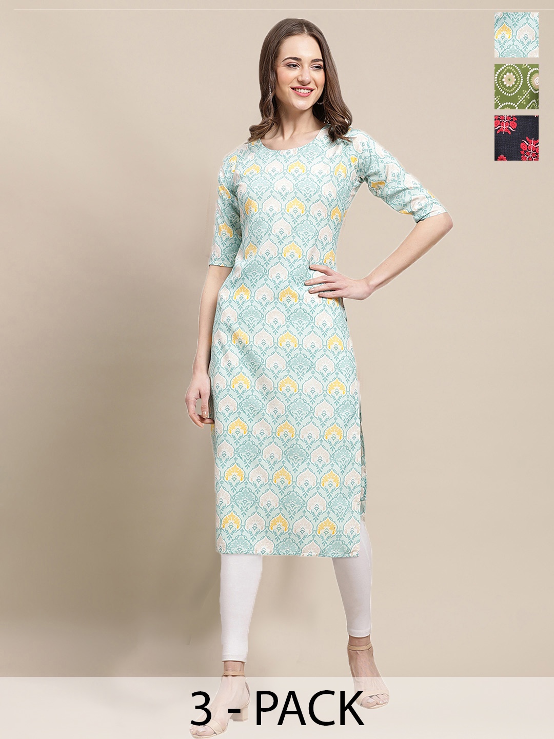 

7Threads Selection Of 3 Ethnic Motifs Printed Round Neck Kurtas, White
