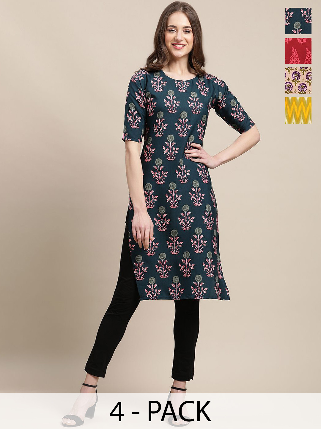 

7Threads Selection Of 4 Ethnic Motifs Printed Round Neck Crepe Straight Kurta, Green