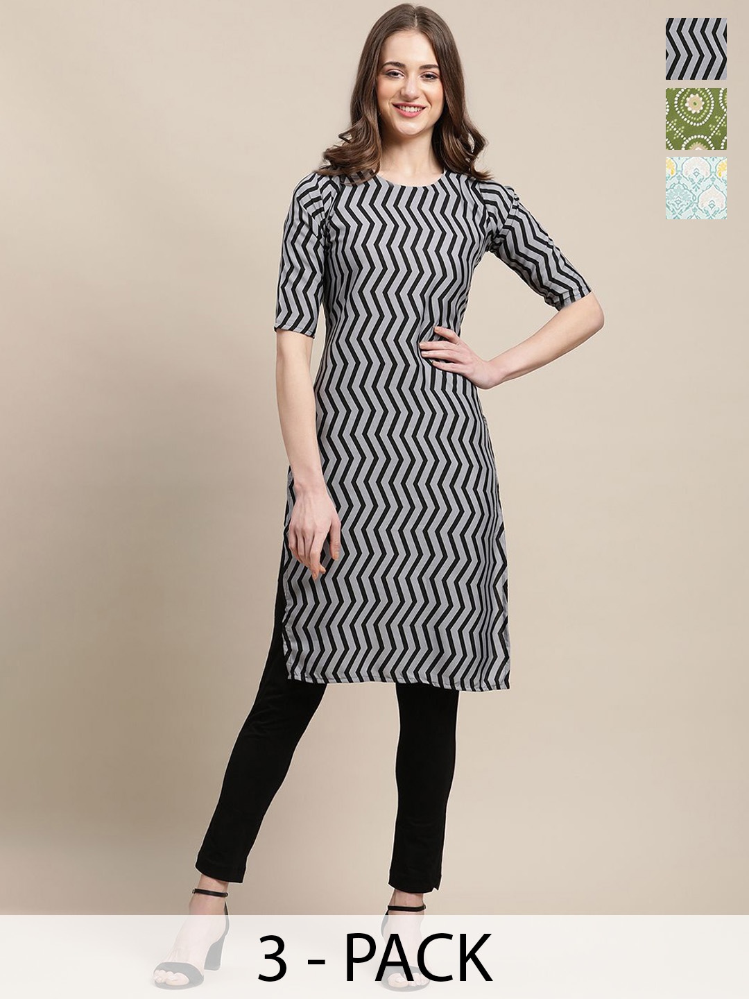 7Threads Selection Of 3 Geometric Printed Round Neck Straight Kurtas, Grey
