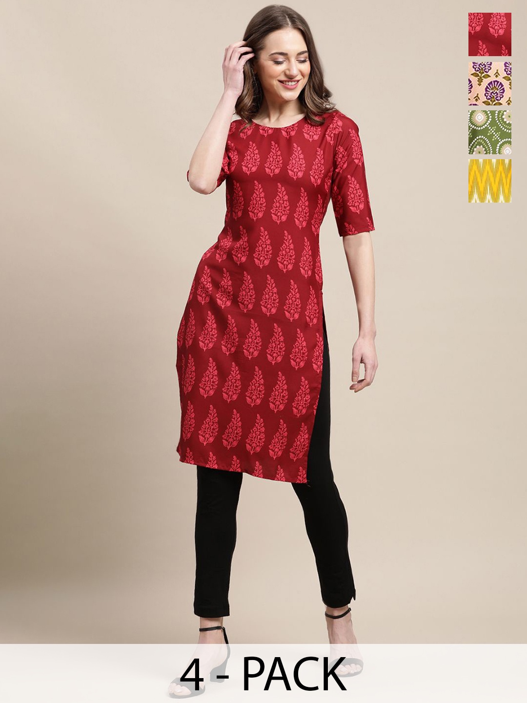 7Threads Selection Of 4 Floral Printed Straight Kurta, Red