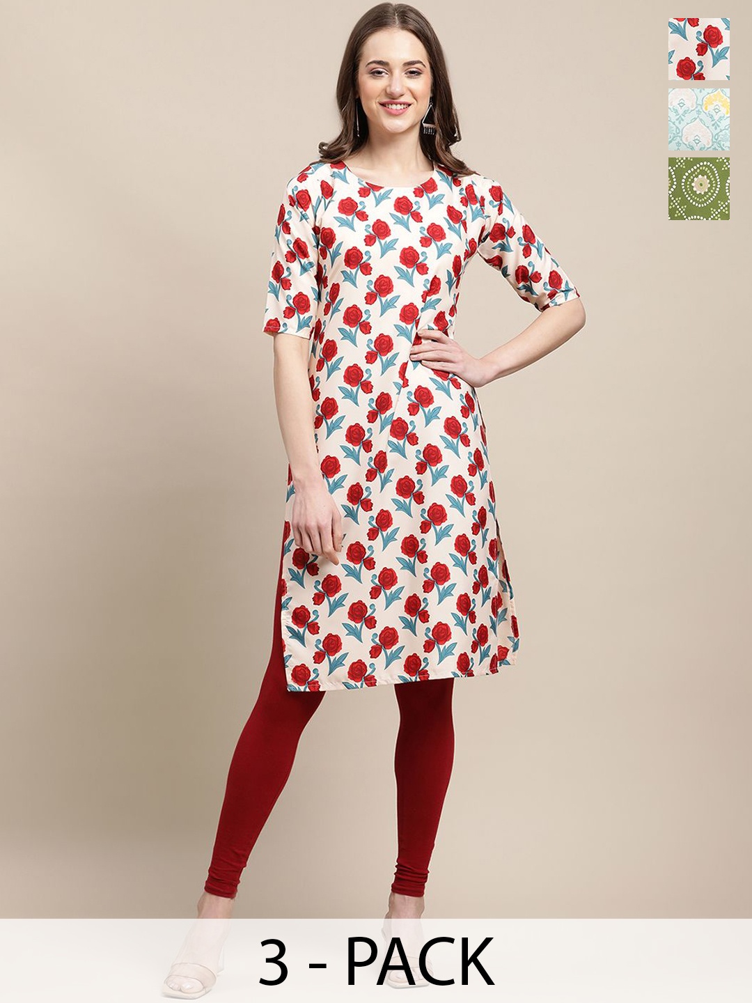 

7Threads Set Of 3 Floral Printed Round Neck Regular Sleeves Machine Weave Straight Kurta, White