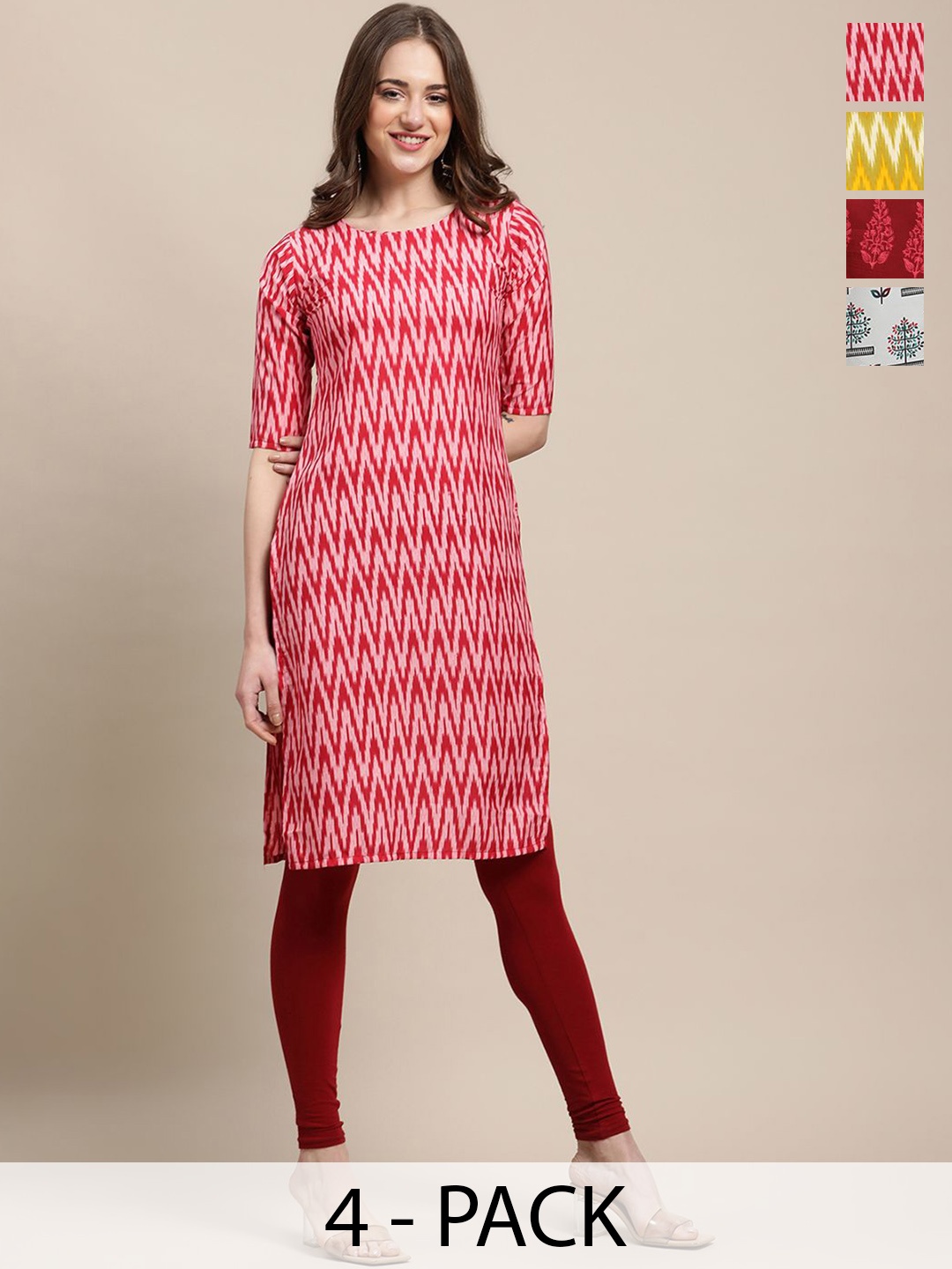 

7Threads Selection Of 4 Chevron Printed Round Neck Straight Kurtas, Red