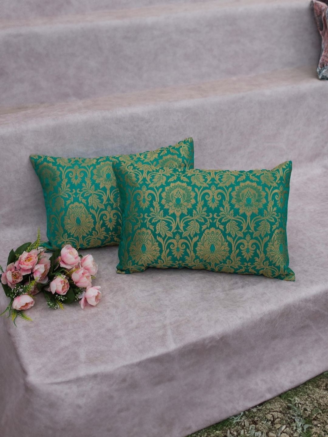 

RoyalDeco Green 2 Pieces Floral Zari Brocade Silk Rectangle Cushion Covers