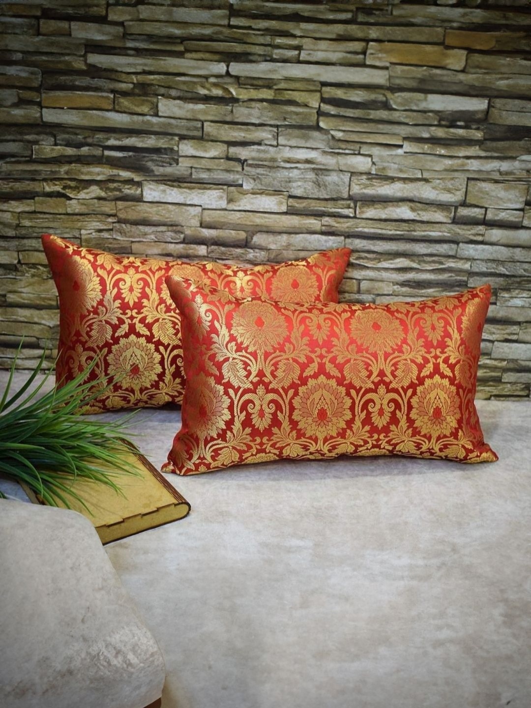 

RoyalDeco Red 2 Pieces Ethnic Motifs Zari Brocade Silk Rectangle Cushion Covers
