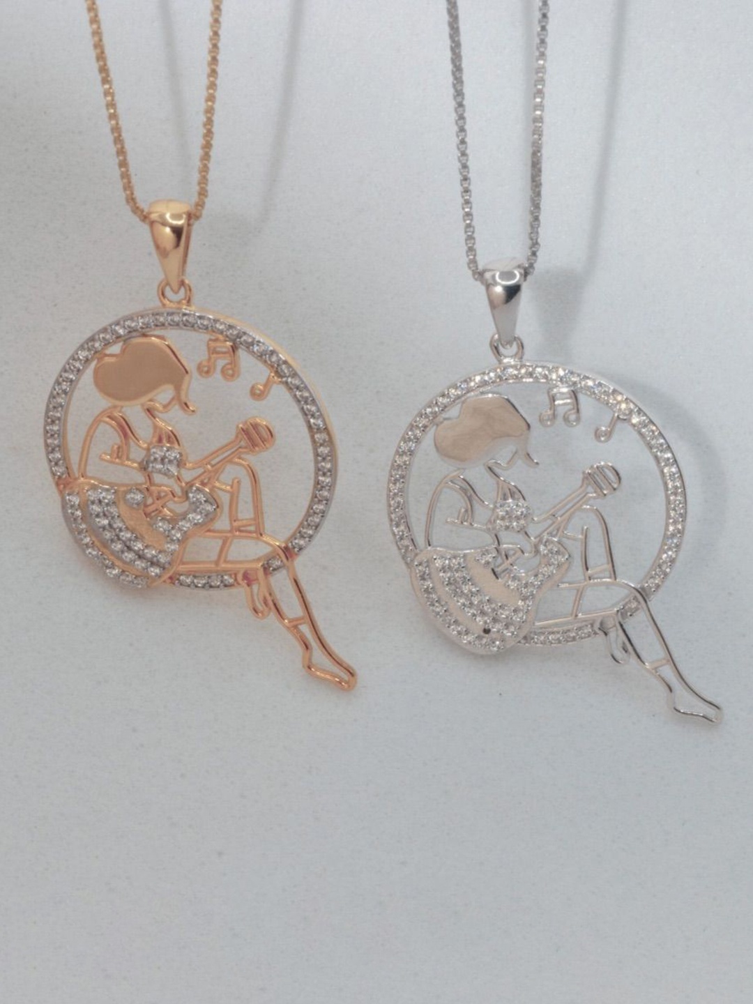 

Luxevogue 925 Sterling Silver Rose Gold-Plated CZ-Stone Studded Guitar Girl Pendant