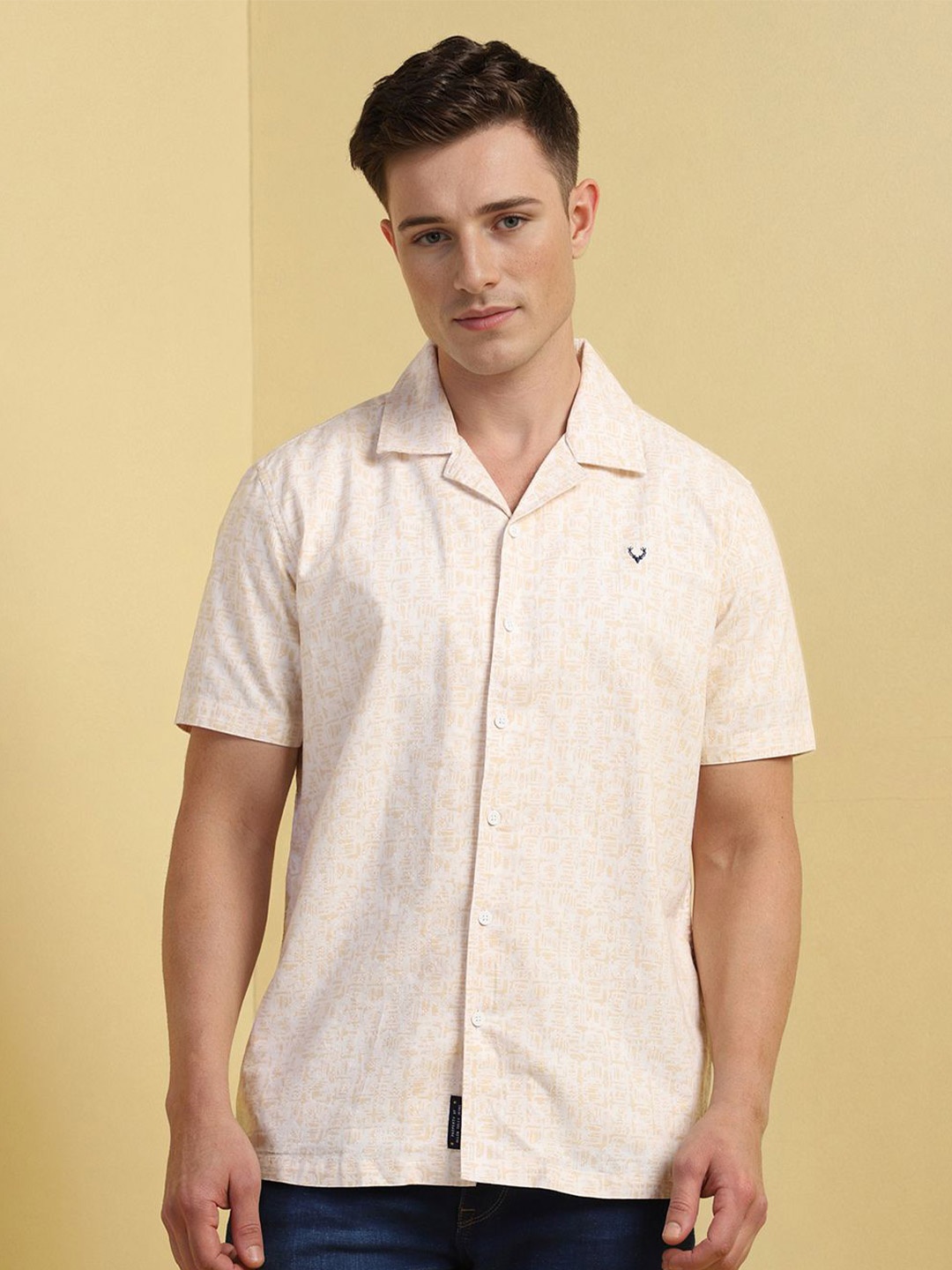 

Allen Solly Men Custom Cuban Collar Abstract Printed Cotton Casual Shirt, Beige