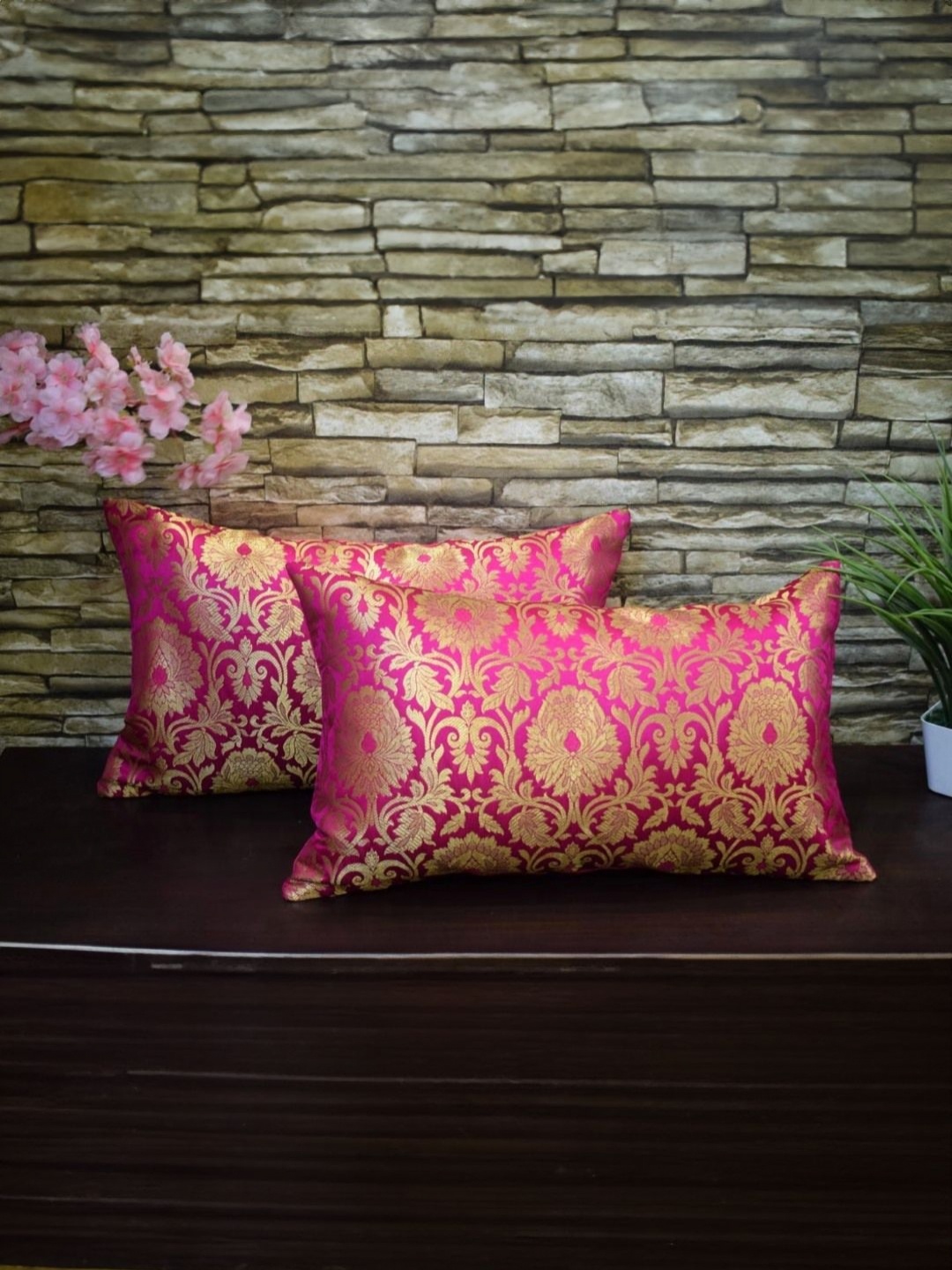 

RoyalDeco Pink 2 Pieces Ethnic Motifs Zari Brocade Silk Rectangle Cushion Covers