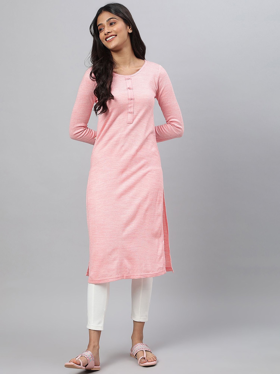 

AURELIA Round Neck Long Sleeves Acrylic Straight Kurta, Pink