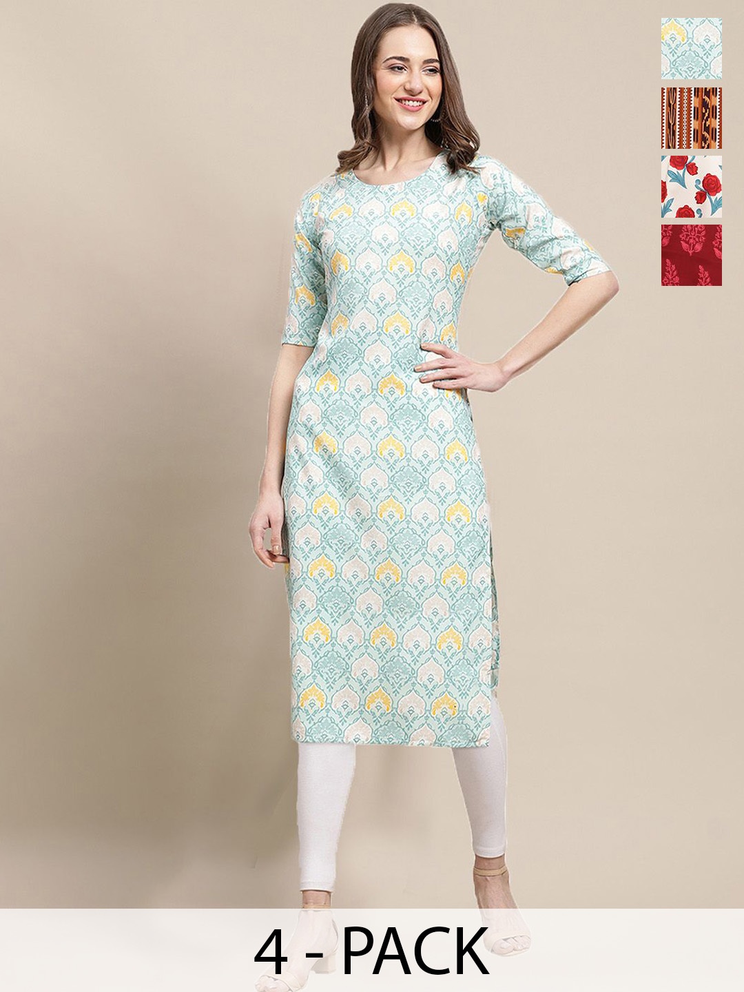 

7Threads Selection Of 4 Ethnic Motifs Printed Straight Kurtas, Blue