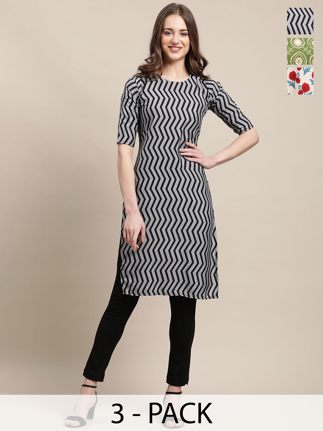 

7Threads Selection Of 3 Ethnic Motifs Printed Straight Kurtas, Grey