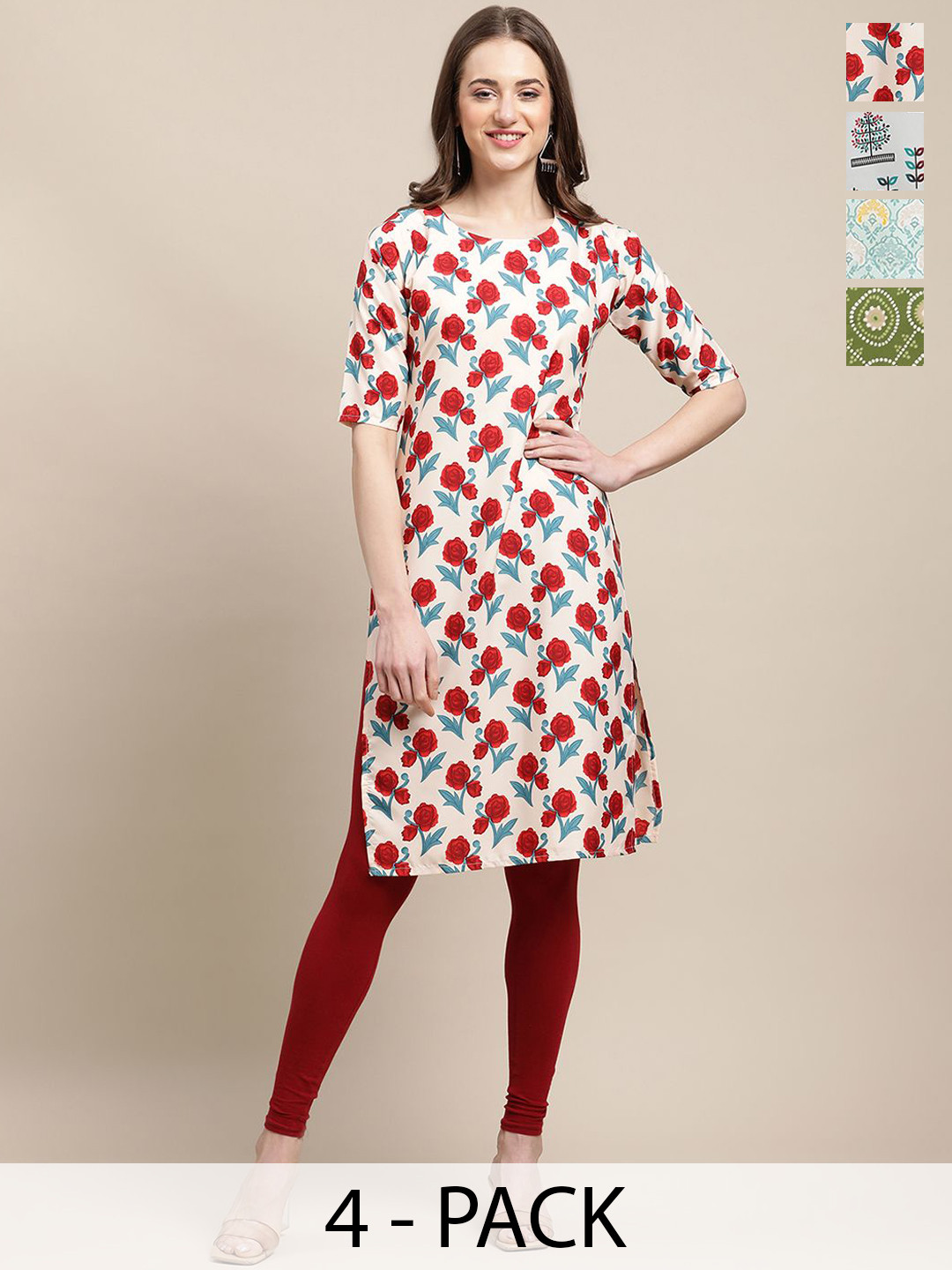 

7Threads Selection Of 4 Ethnic Motifs Printed Straight Kurtas, Red