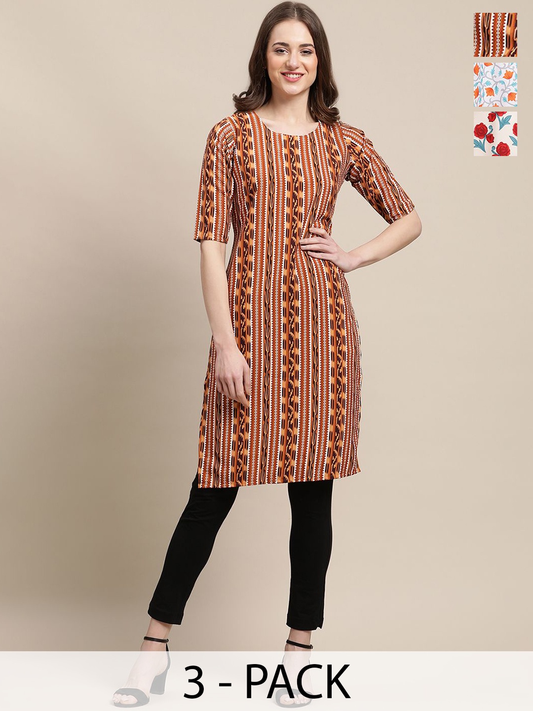 

7Threads Selection Of 3 Floral Printed Round Neck Crepe Straight Kurta, Brown