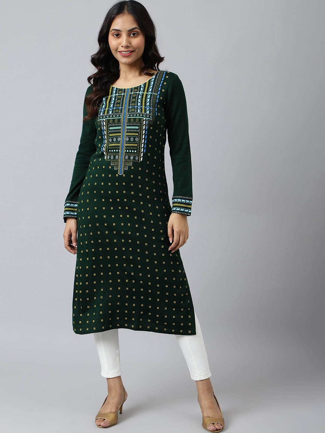 

AURELIA Geometric Printed Acrylic Straight Kurta, Green