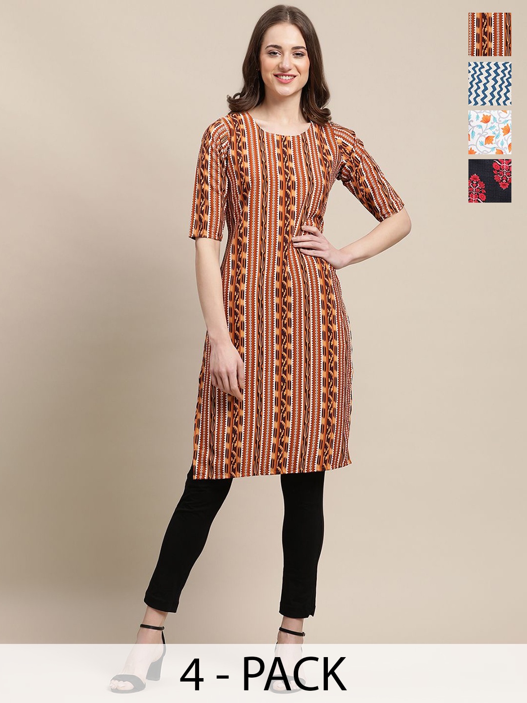 

7Threads Selection of 4 Geometric Printed Round Neck Kurtas, Orange