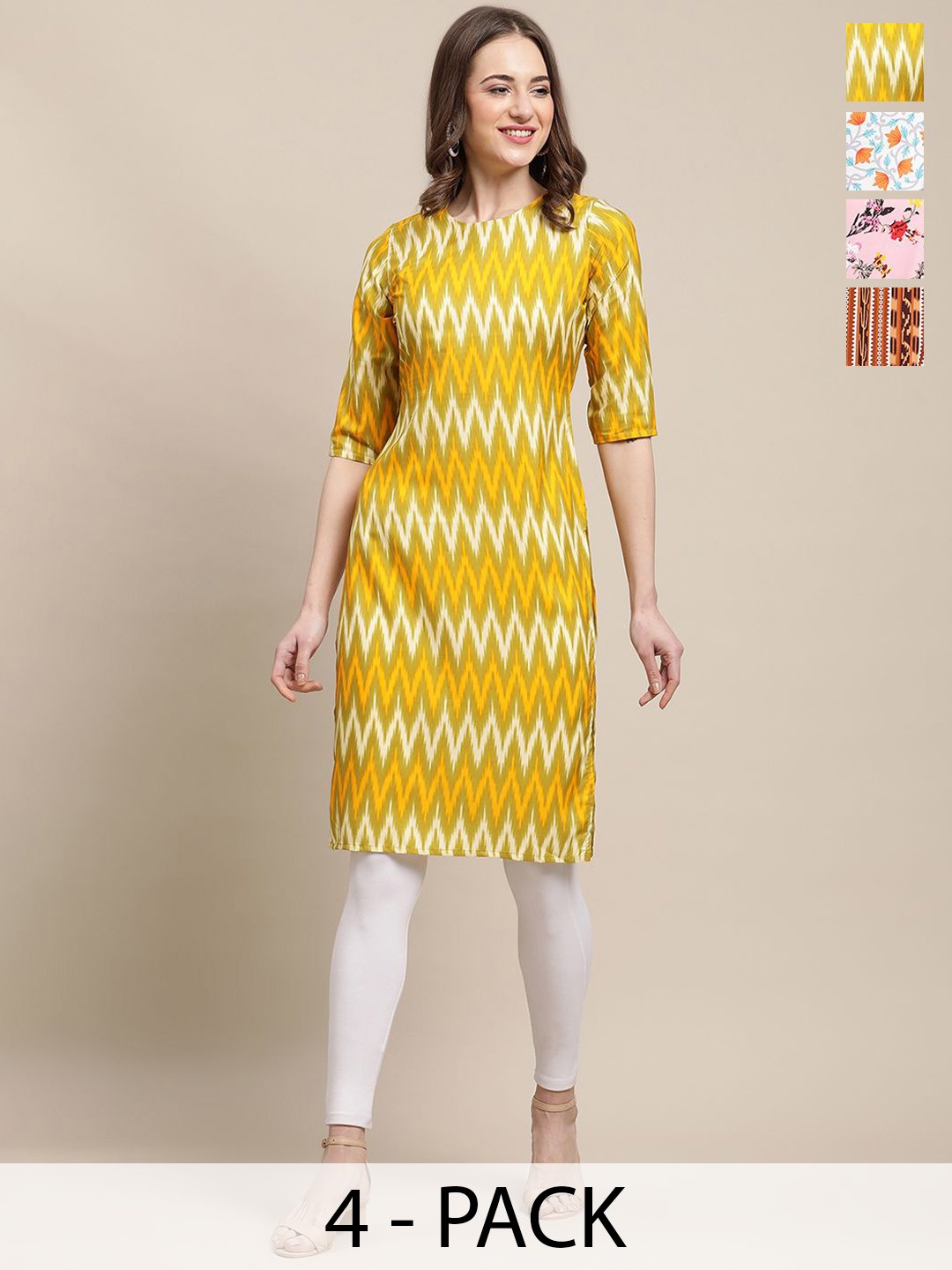 

7Threads Selection Of 3 Geometrical Print Straight Kurtas, Yellow