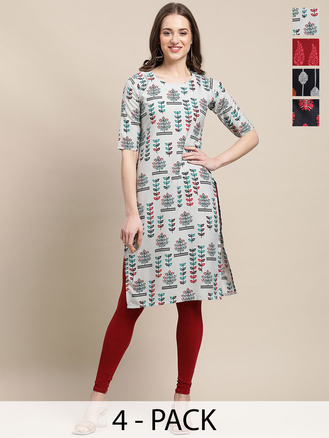 

7Threads Selection Of 4 Ethnic Motifs Printed Crepe Straight Kurtas, Grey