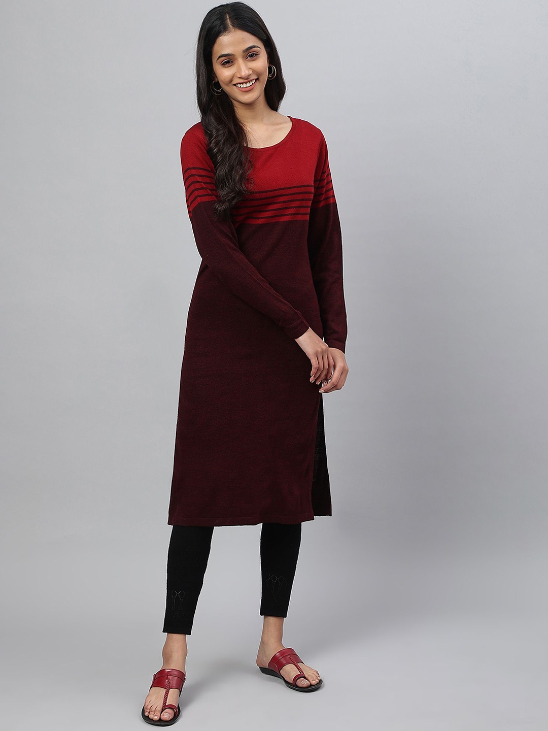 

AURELIA Striped Printed Round Neck Straight Kurta, Maroon