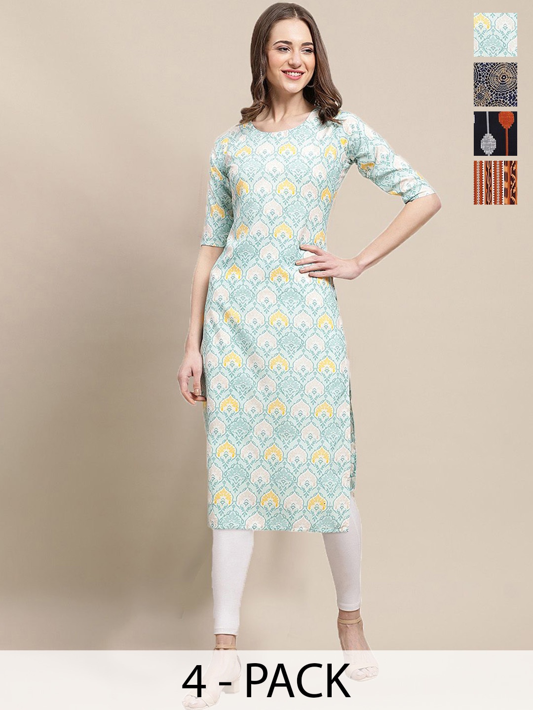 

7Threads Selection of 4 Ethnic Motifs Printed Round Neck Crepe Straight Kurtas, Blue