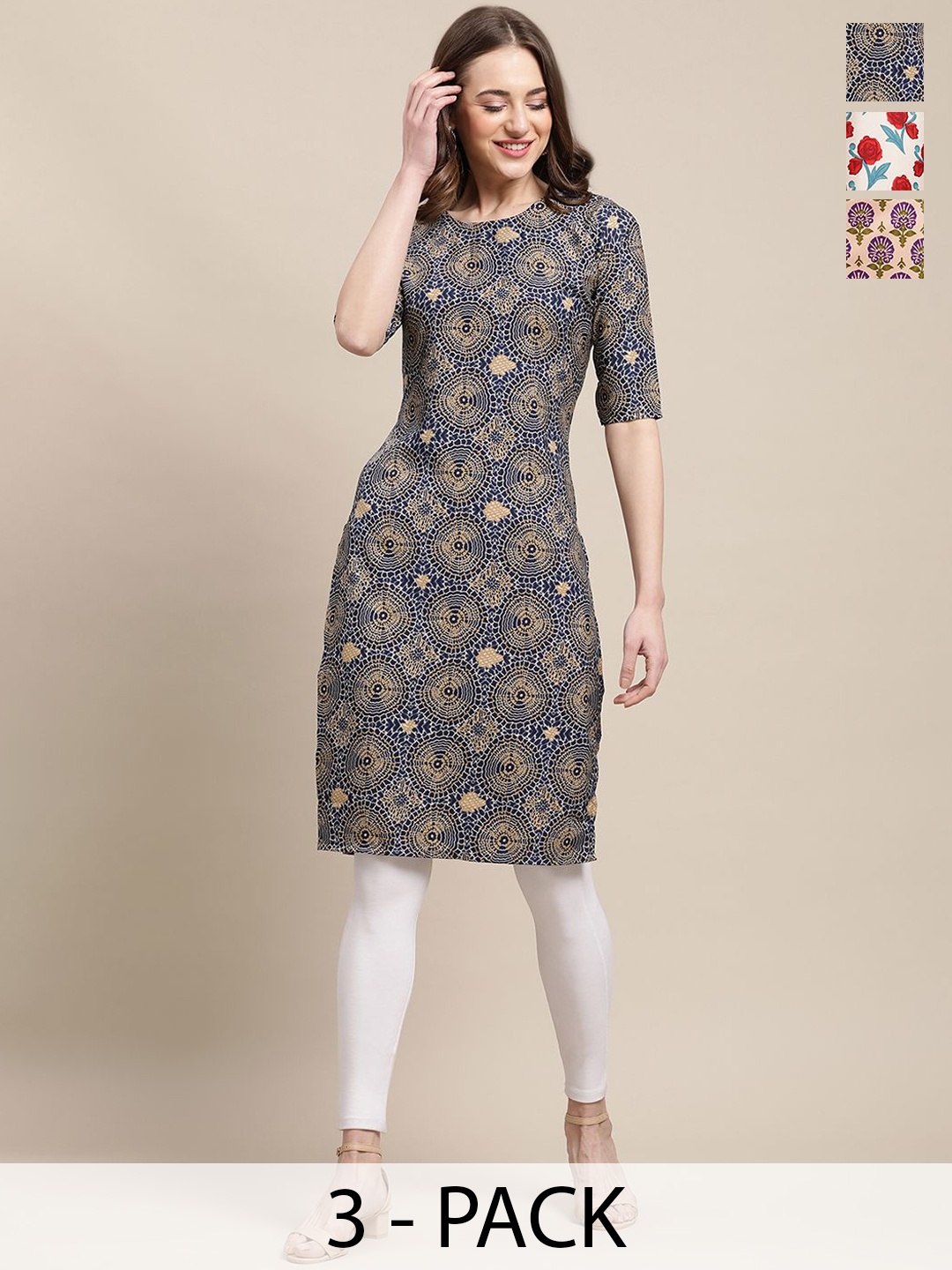 

7Threads Selection Of 3 Ethnic Motifs Printed Round Neck Crepe Straight Kurta, Navy blue
