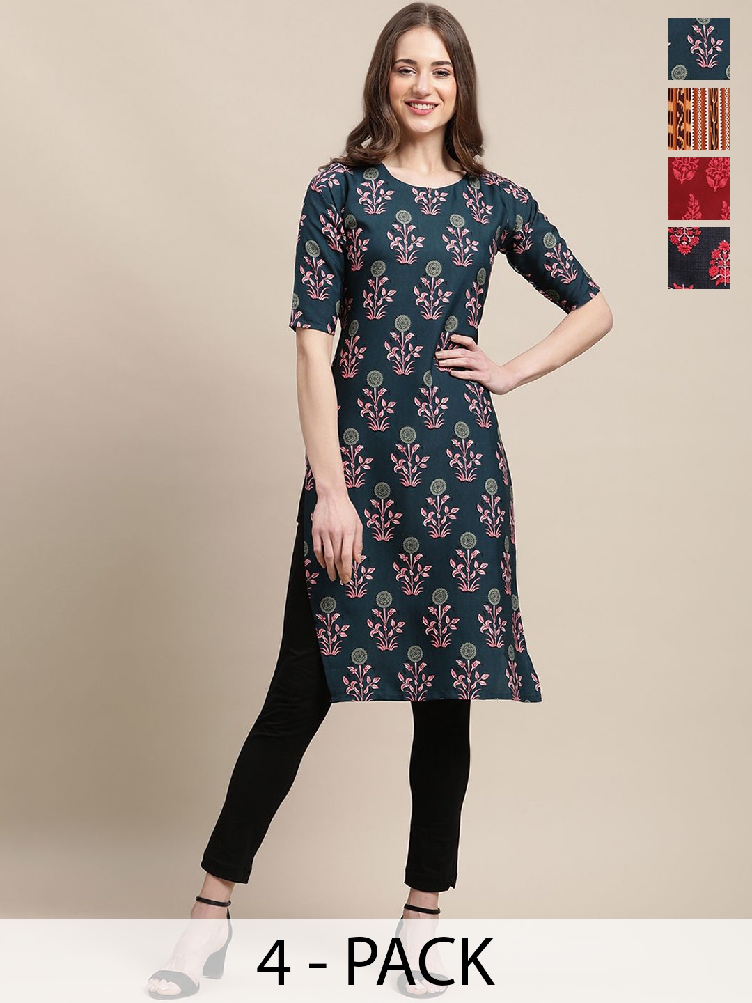 

7Threads Selection Of 4 Floral Printed Round Neck Crepe Straight Kurta, Green