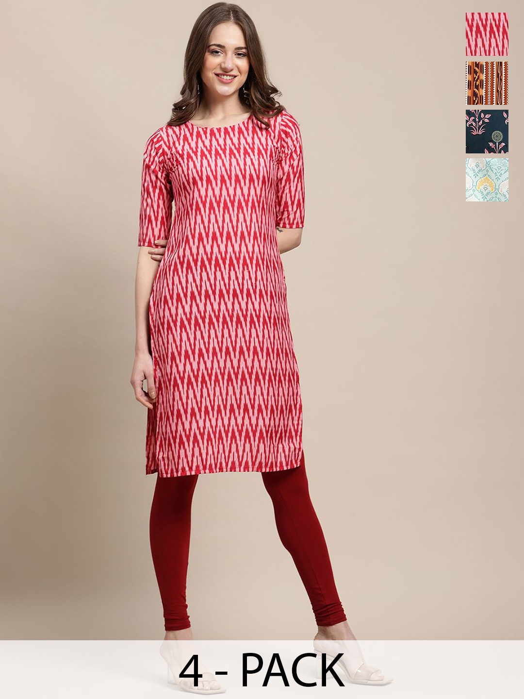 

7Threads Selection Of 3 Chevron Round Neck Straight Kurtas, Red