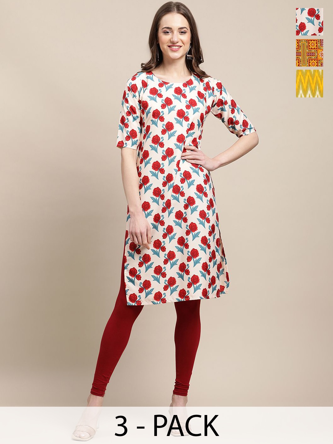 

7Threads Selection of 3 Floral Printed Round Neck Crepe Straight Kurtas, White