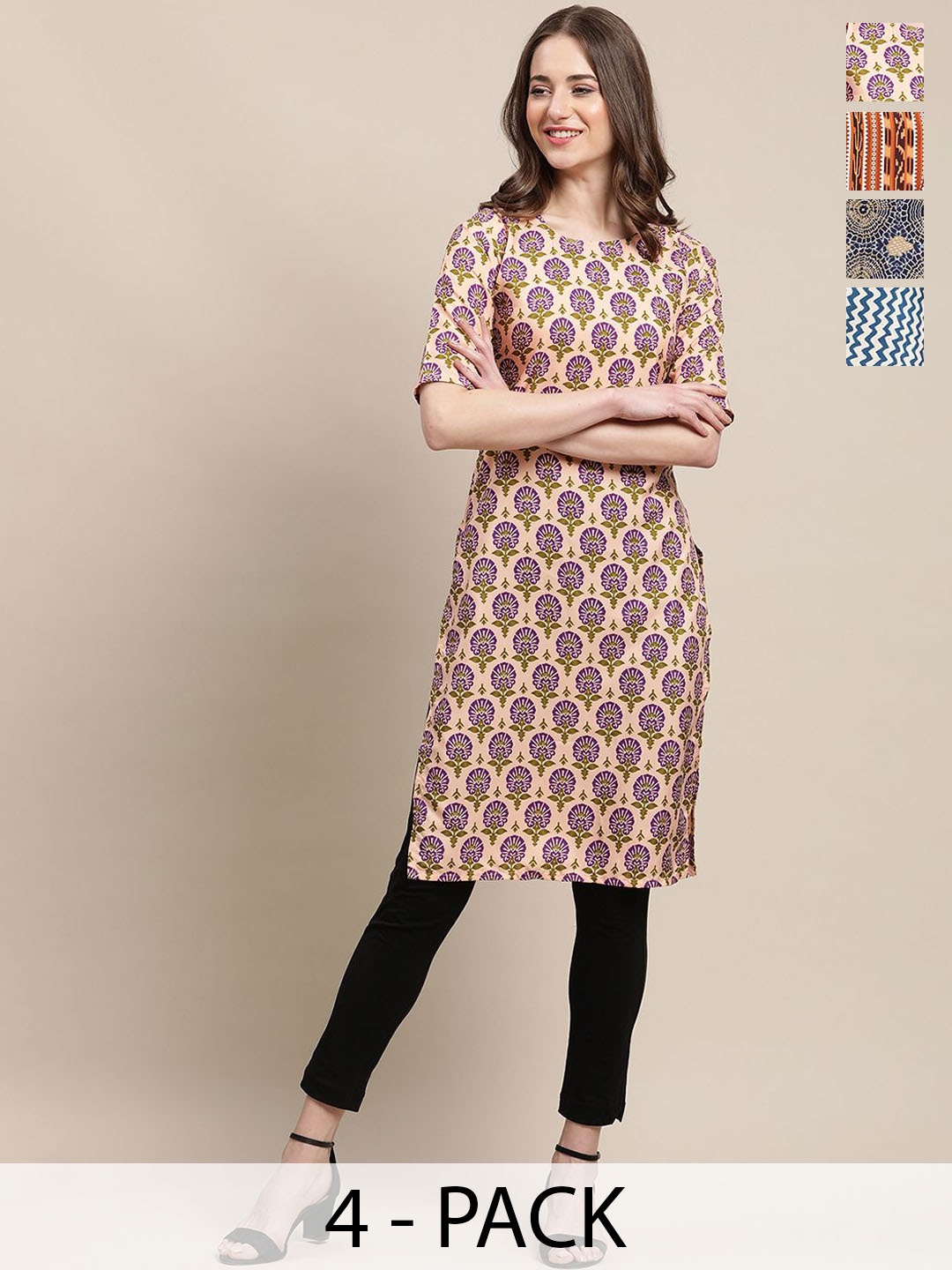 

7Threads Selection Of 4 Ethnic Motifs Printed Straight Kurtas, Navy blue
