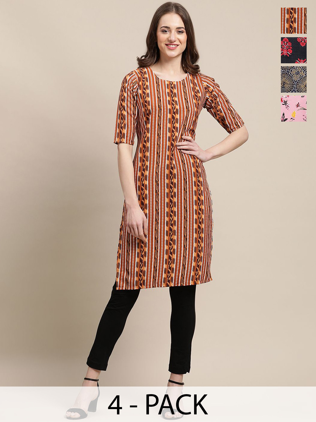 

7Threads Selection Of 4 Ethnic Motifs Printed Round Neck Straight Crepe Kurtas, Brown