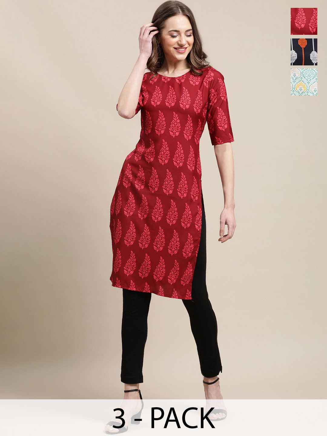 

7Threads Selection Of 3 Ethnic Motifs Printed Round Neck Kurtas, Red