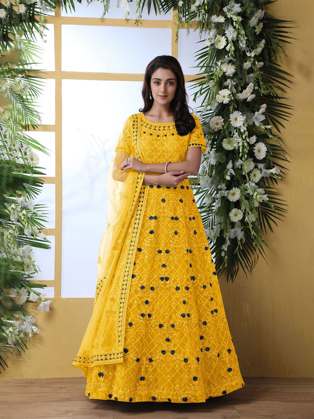 

APNISHA Floral Embroidered Net Semi-Stitched Gown With Dupatta, Yellow