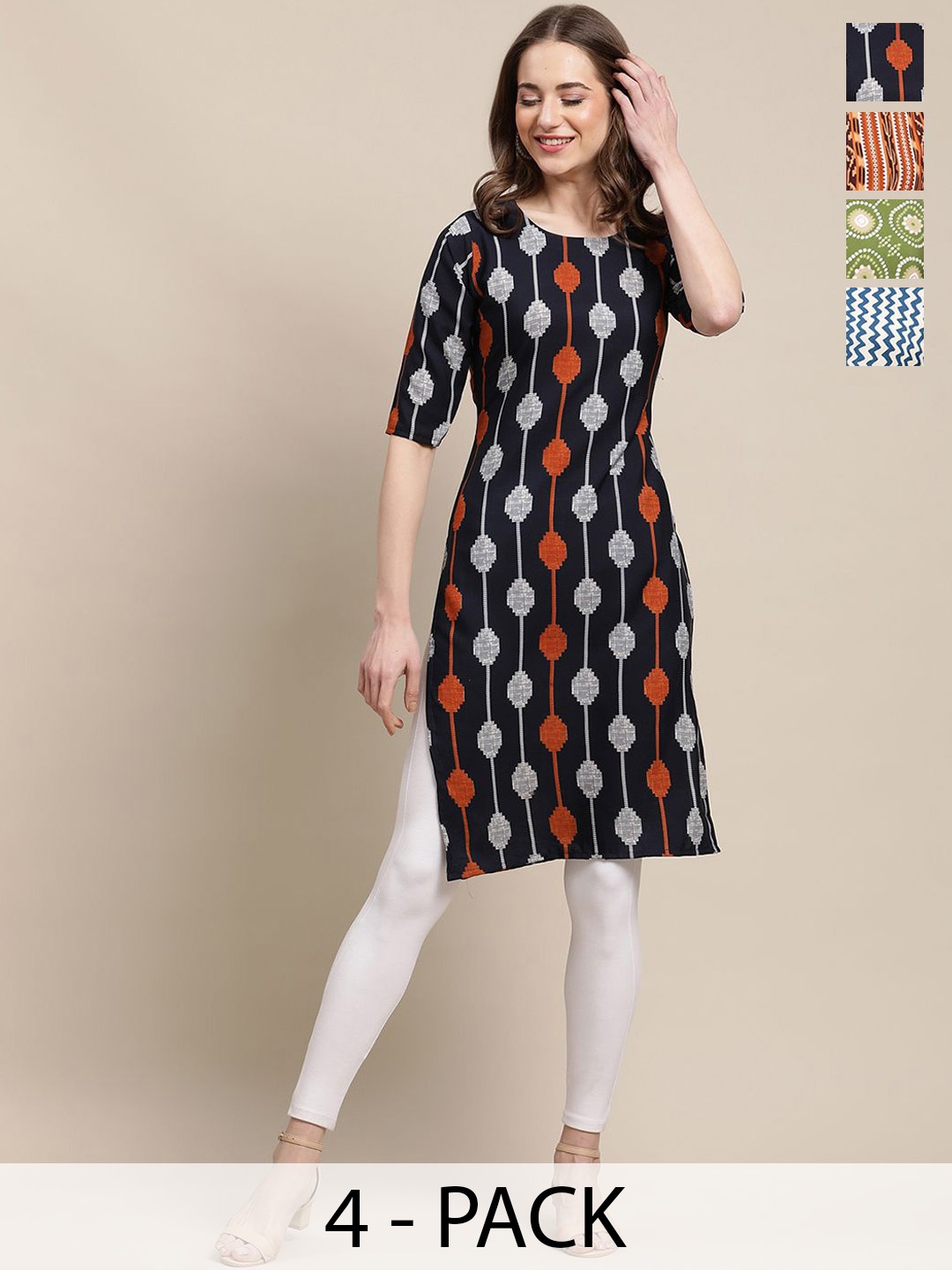 

7Threads Selection Of 4 Ethnic Motifs Printed Round Neck Crepe Straight Kurta, Black