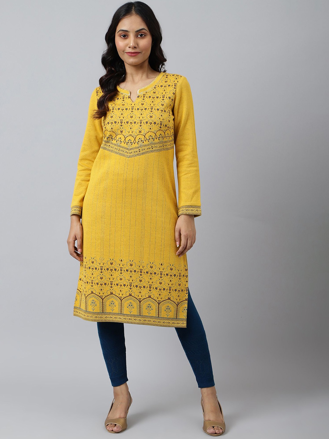 AURELIA Ethnic Motifs Printed Sequined Straight Kurta, Yellow
