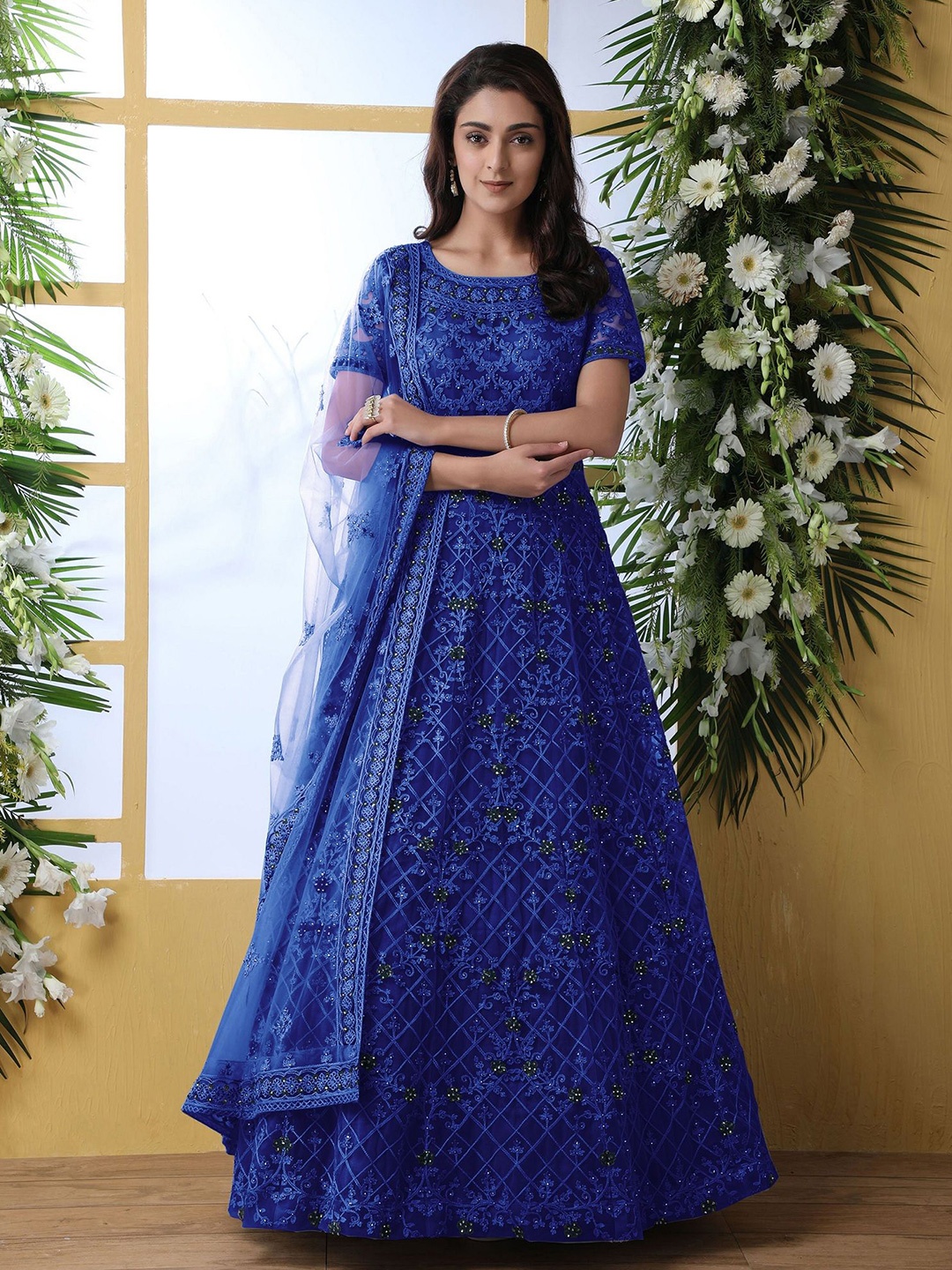 

APNISHA Women Floral Embroidered Fit & Flare Ethnic Dress, Blue
