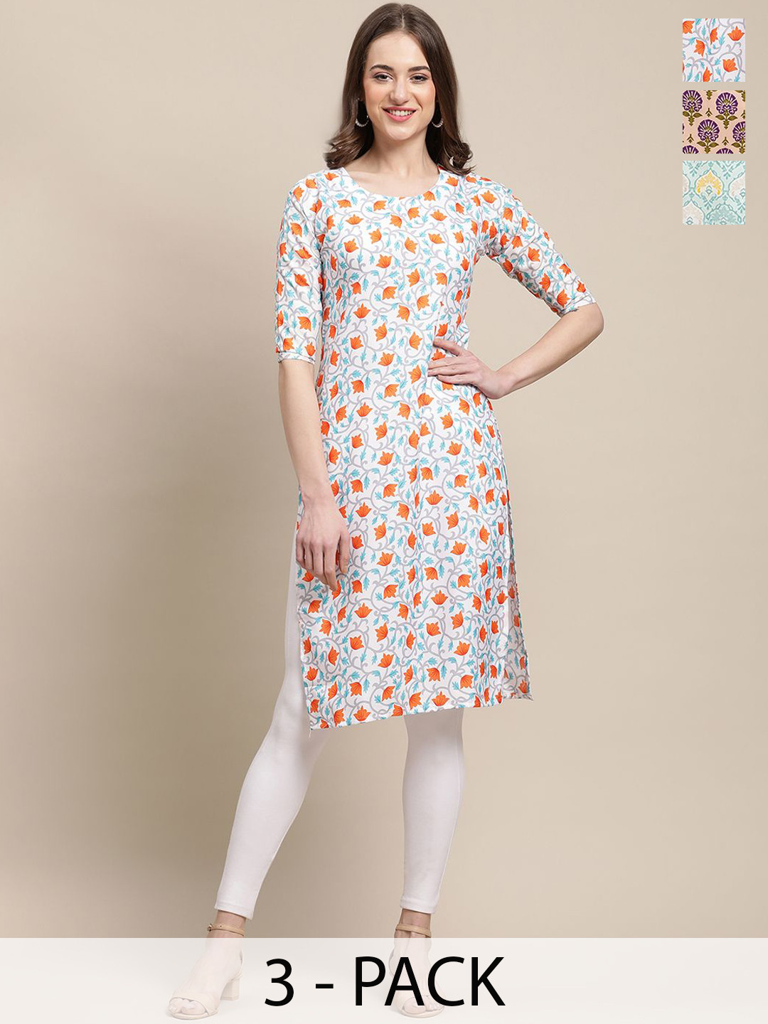 

7Threads Selection of 3 Floral & Ethnic Motifs Printed Round Neck Straight Kurtas, Blue