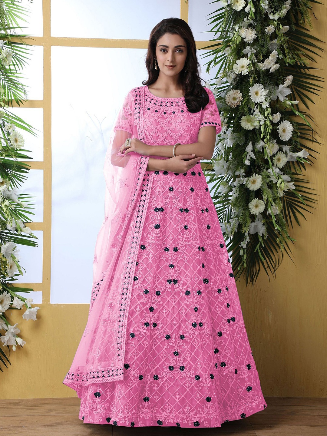 

APNISHA Women Floral Embroidered Net Fit & Flare Maxi Dress, Pink
