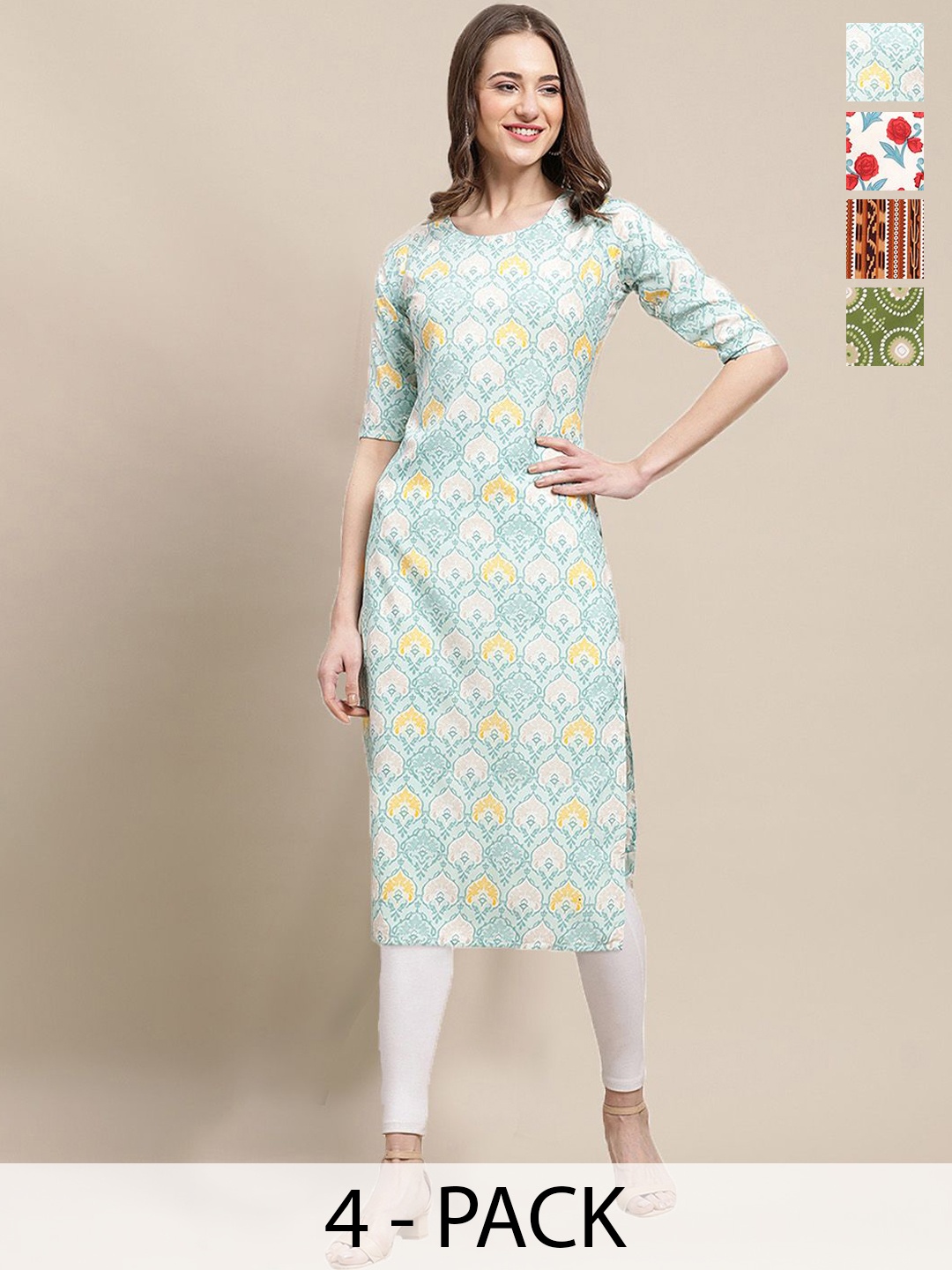 

7Threads Selection Of 4 Ethnic Motifs Printed Straight Kurtas, Green