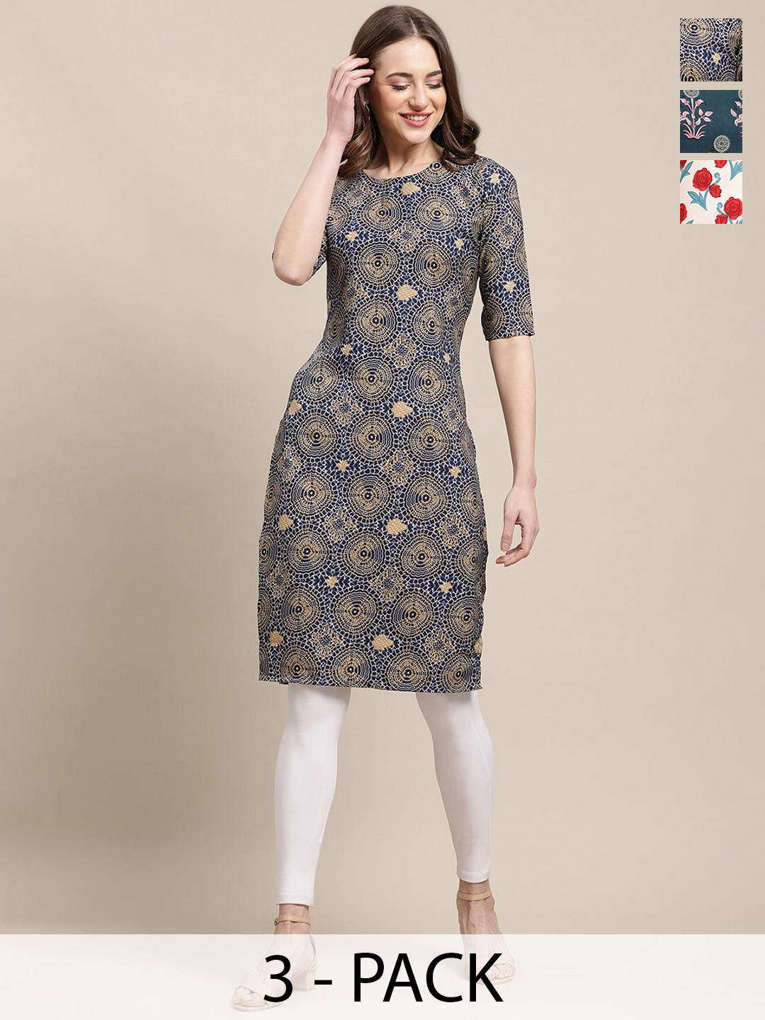 

7Threads Selection Of 3 Ethnic Motifs Printed Round Neck Crepe Straight Kurta, Navy blue