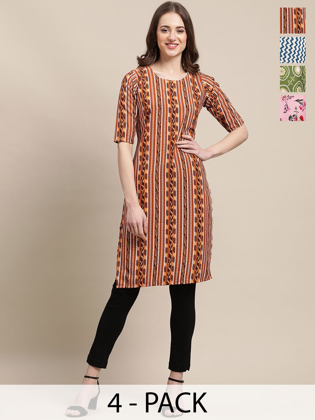 

7Threads Selection Of 4 Ethnic Motifs Printed Straight Kurtas, Green