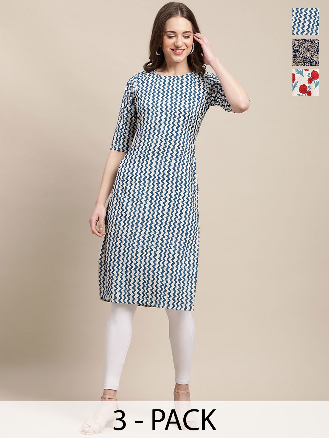 

7Threads Selection of 3 Floral & Geometric Printed Round Neck Straight Kurtas, Blue
