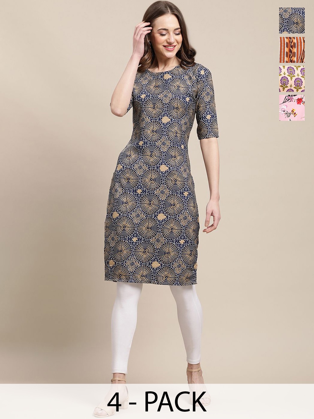 

7Threads Selection Of 4 Ethnic Motifs Printed Round Neck Straight Crepe Kurtas, Navy blue
