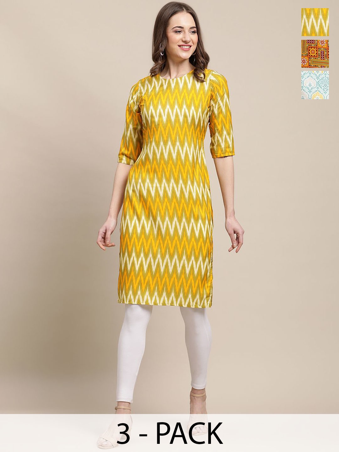 

7Threads Pack of 3 Chevron Printed Round Neck Kurtas, Yellow