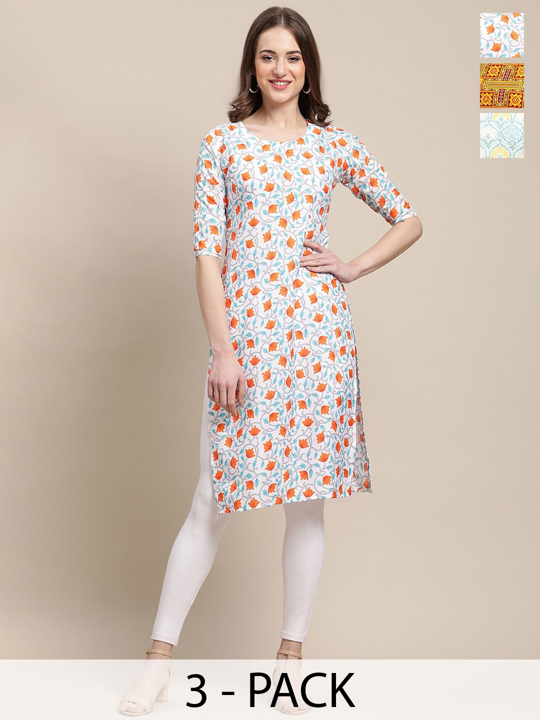 

7Threads Selections Of 3 Ethnic Motifs Printed Straight Kurtas, Blue
