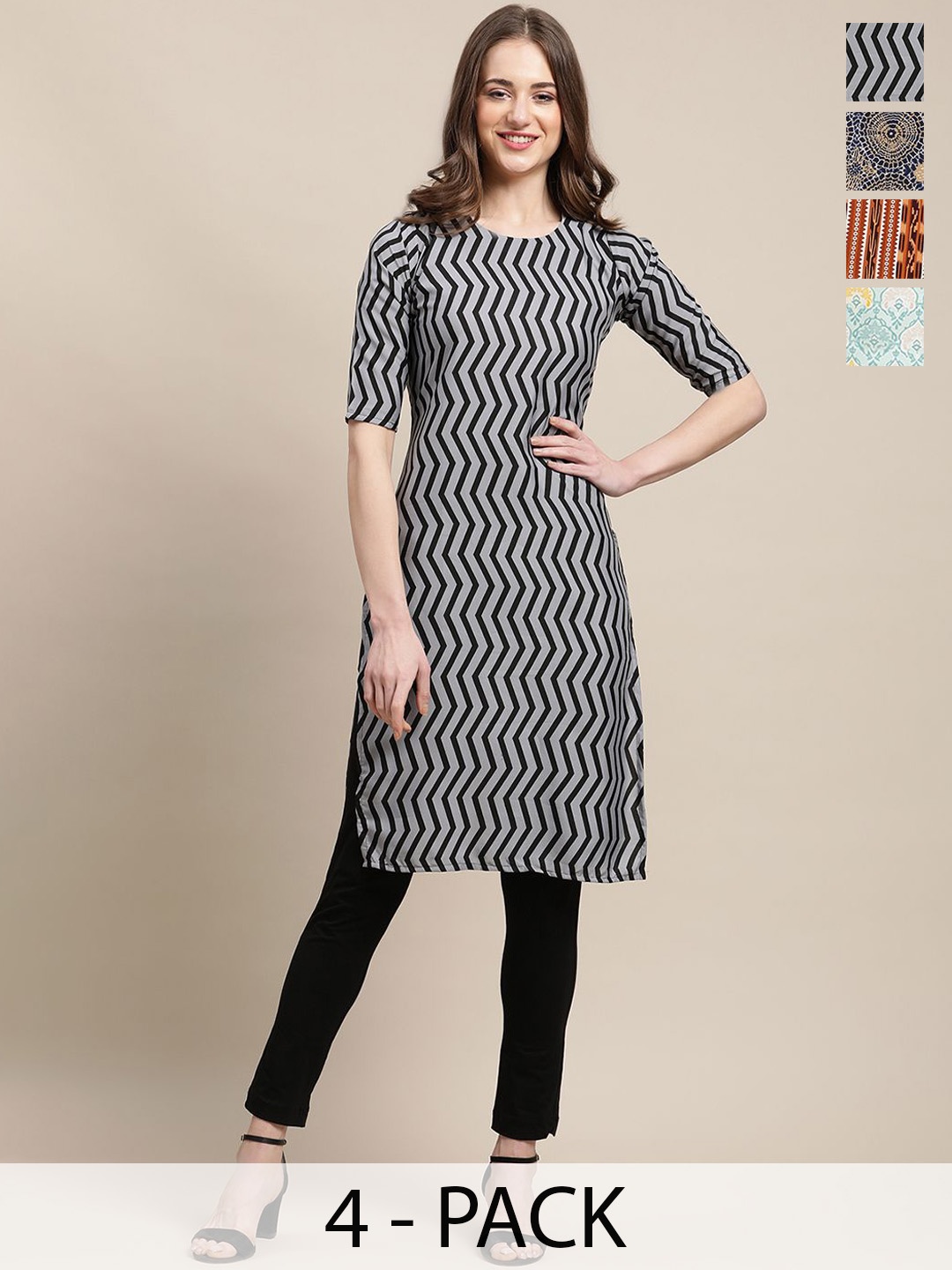

7Threads Selection Of 4 Chevron Printed Round Neck Kurtas, Black
