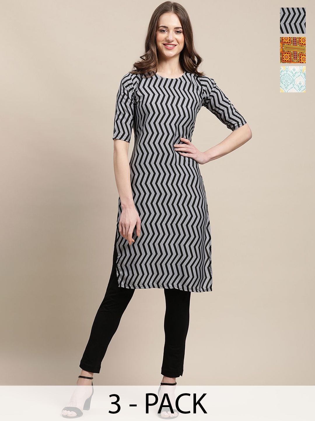 

7Threads Selection of 3 Chevron Printed Crepe Straight Kurta, Black