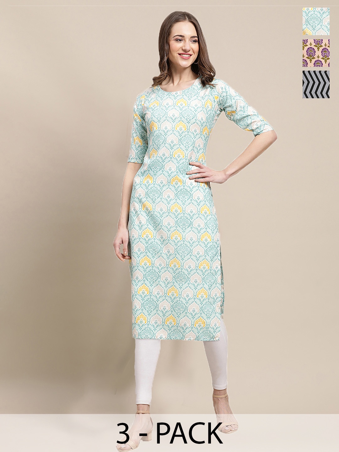 

7Threads Selection Of 3 Ethnic Motifs Printed Round Neck Kurta, Blue