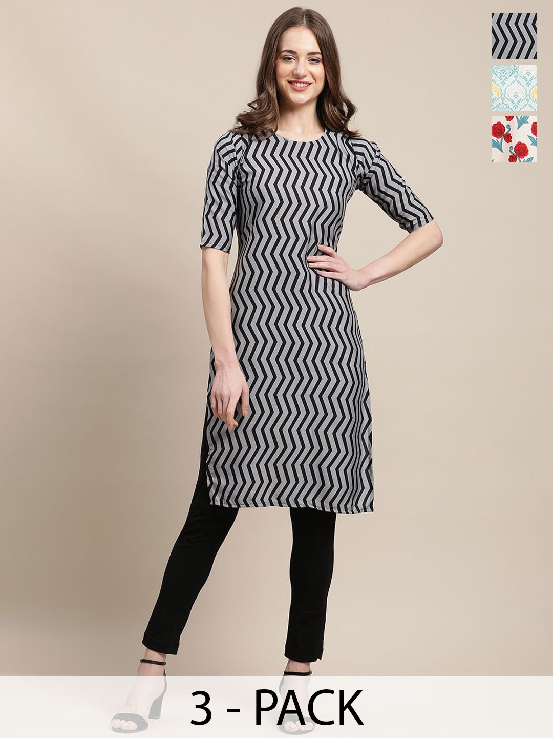 

7Threads Selection Of 3 Chevron Printed Round Neck Crepe Straight Kurta, Grey