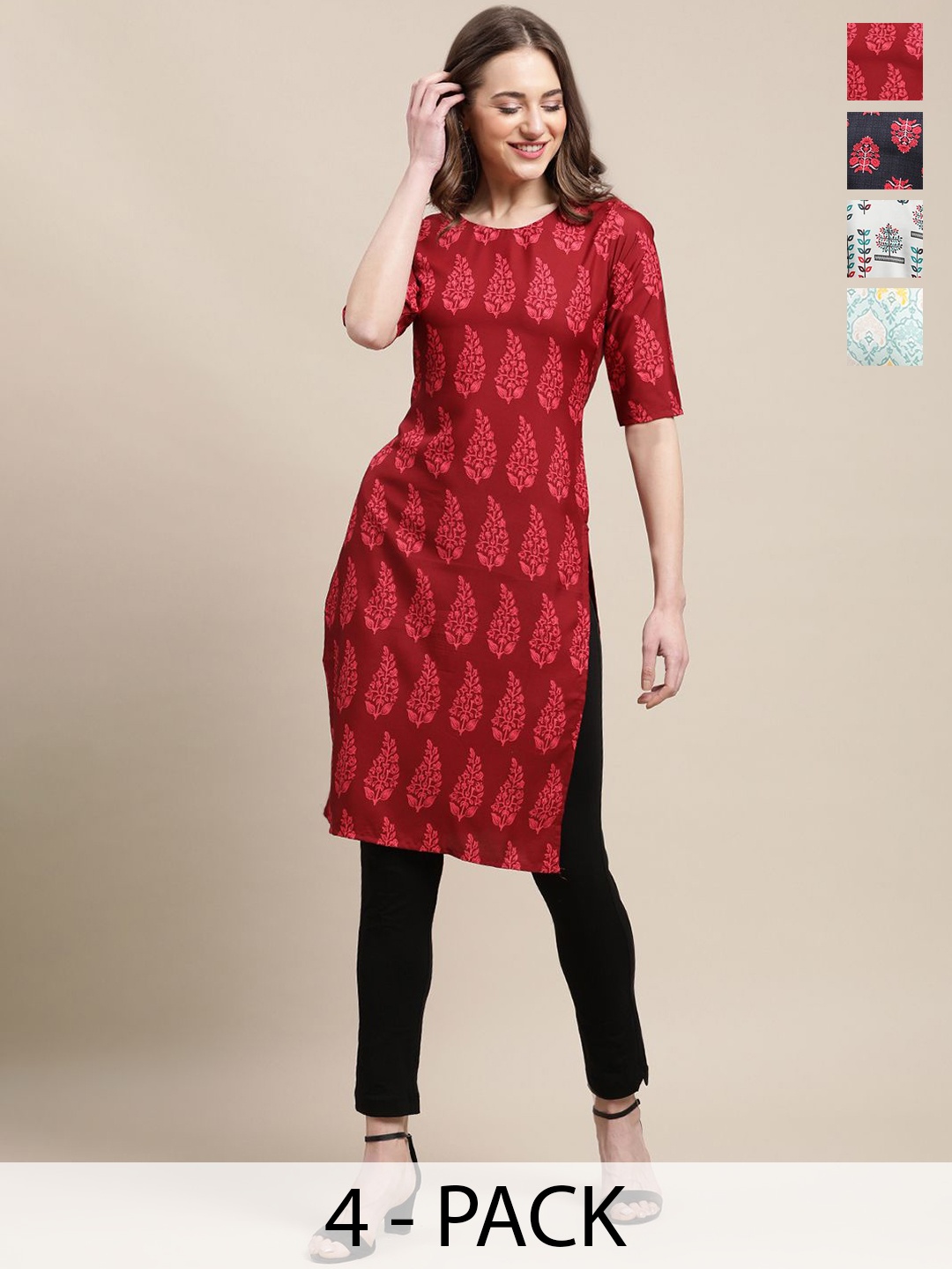 

7Threads Selection of 4 Ethnic Motifs Printed Round Neck Crepe Straight Kurtas, Red