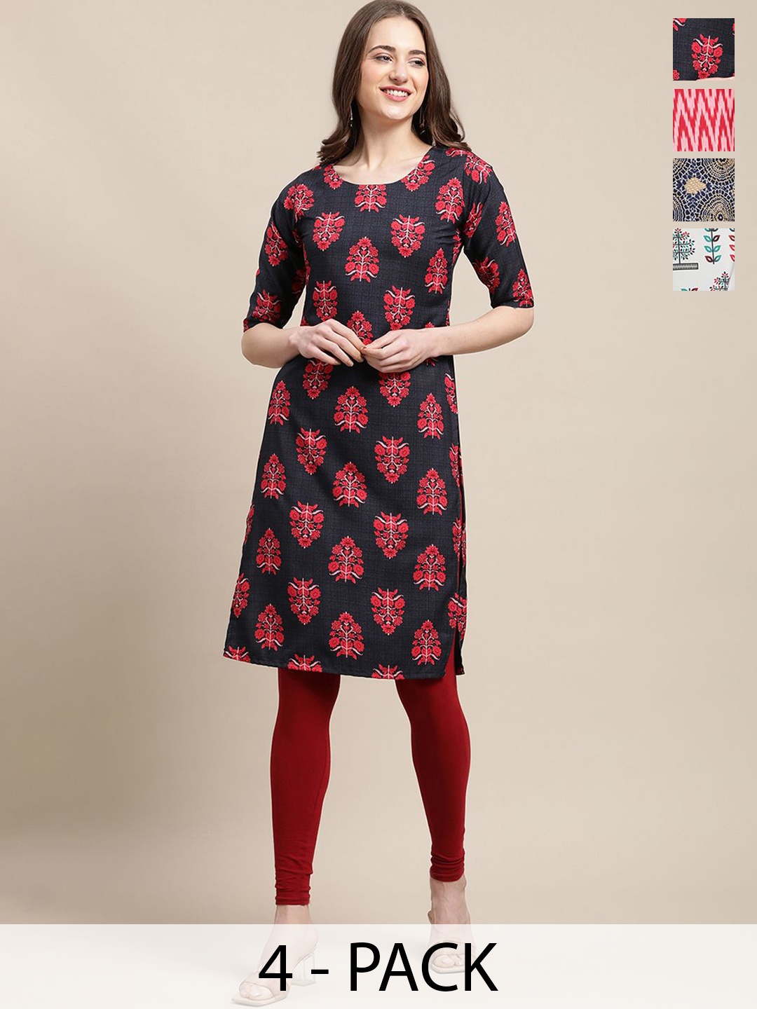 7Threads Selection Of 4 Ethnic Motifs Printed Kurtas, Multi