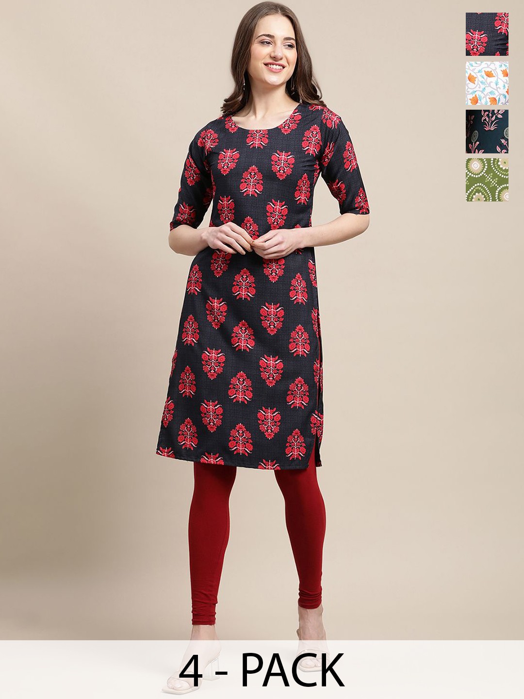 

7Threads Selection Of 4 Ethnic Motifs Printed Straight Kurtas, Black